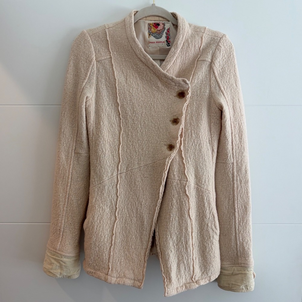 Free People Wool Asymmetrical Blazer Outerwear Jacket Beige Textured Size 4